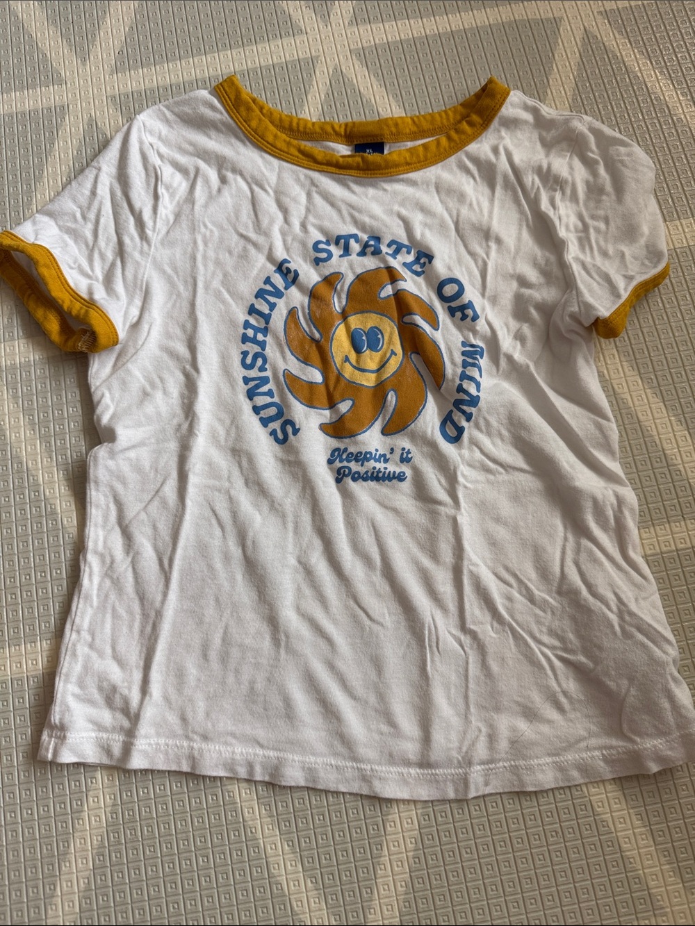 Old Navy Keepin' It Positive Kids White & Mustard Ringer Tee. Size XL 14-16